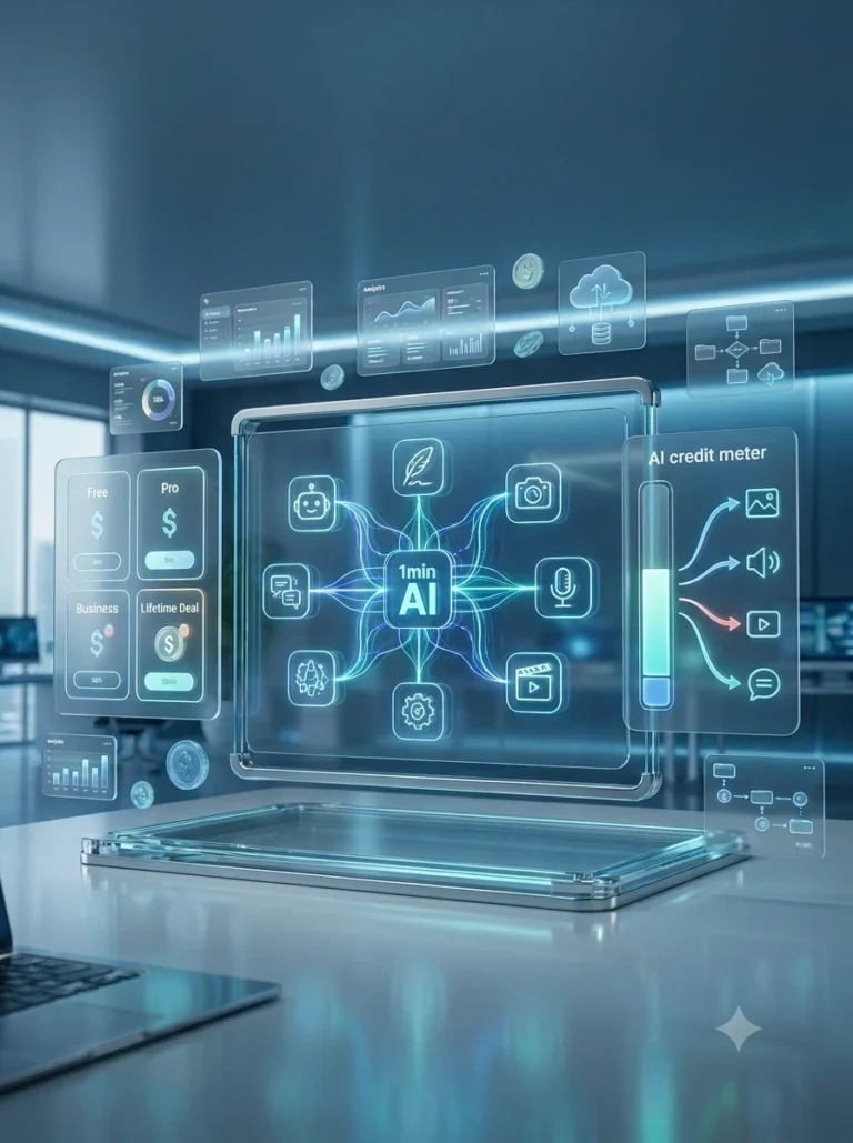A futuristic AI workspace displaying multi-model AI tools, pricing plans, and a credit usage dashboard for comparing 1min AI features