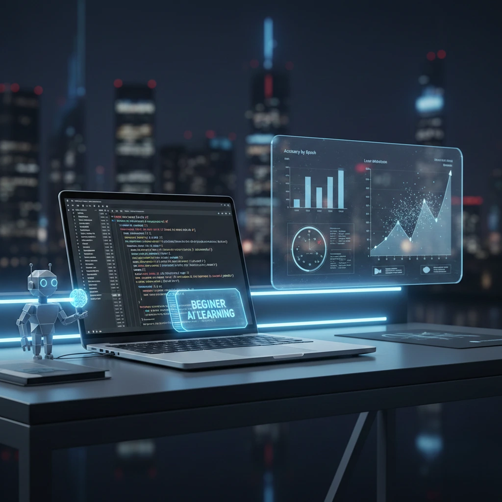 AI tutorials for beginners 2026 workspace showing Python code on laptop screen with machine learning charts and developer learning artificial intelligence in modern setup