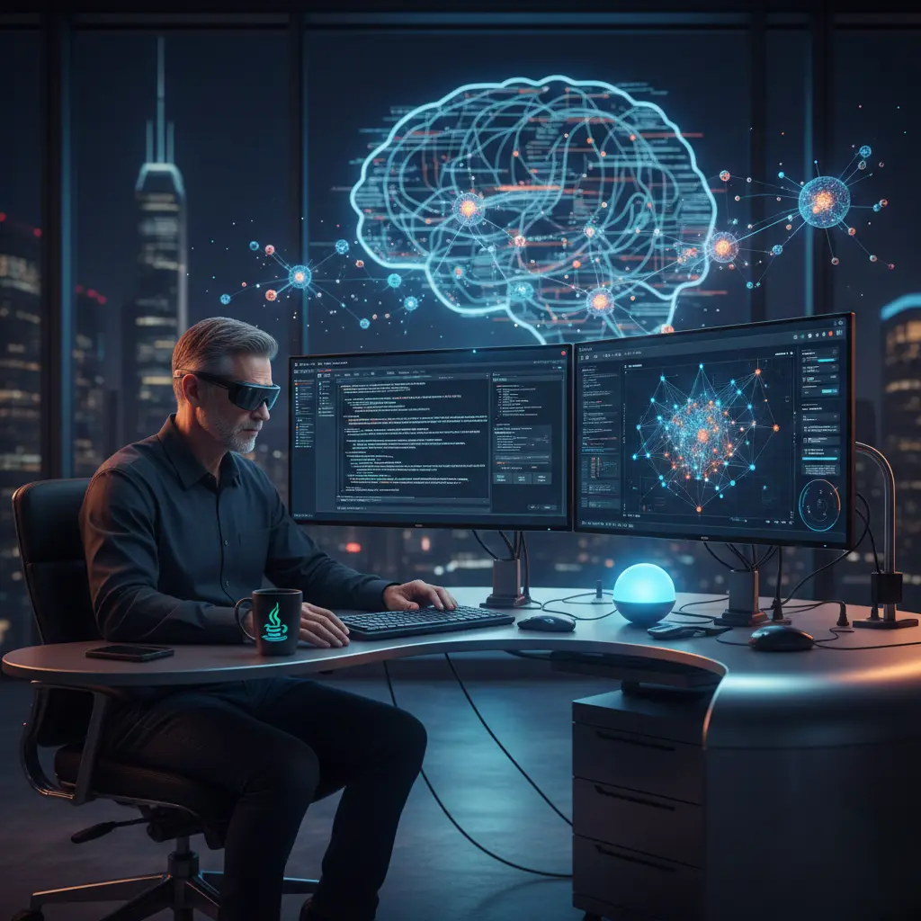 AI tutorial Java building an AI neural network system using JVM-based machine learning frameworks in a futuristic enterprise workspace