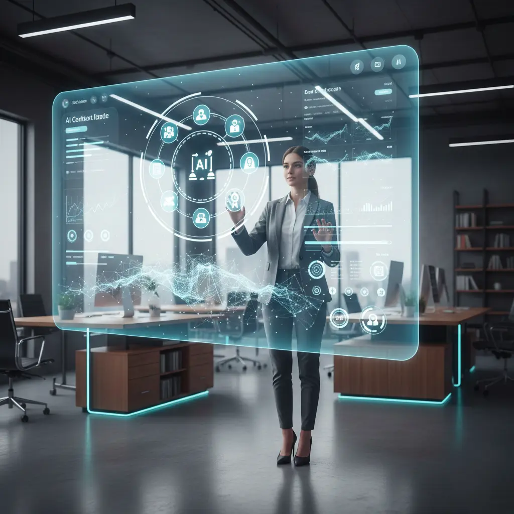 Google AI Fundamentals, a futuristic and realistic visual of learners using advanced AI tools and holographic interfaces to represent Google’s AI certificate and modern AI education.