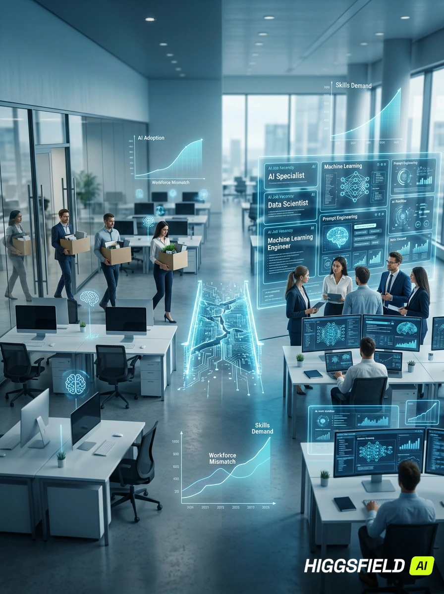 AI workforce skills gap illustration showing laid-off office workers separated by a broken digital bridge from unfilled AI job opportunities in a futuristic corporate office.