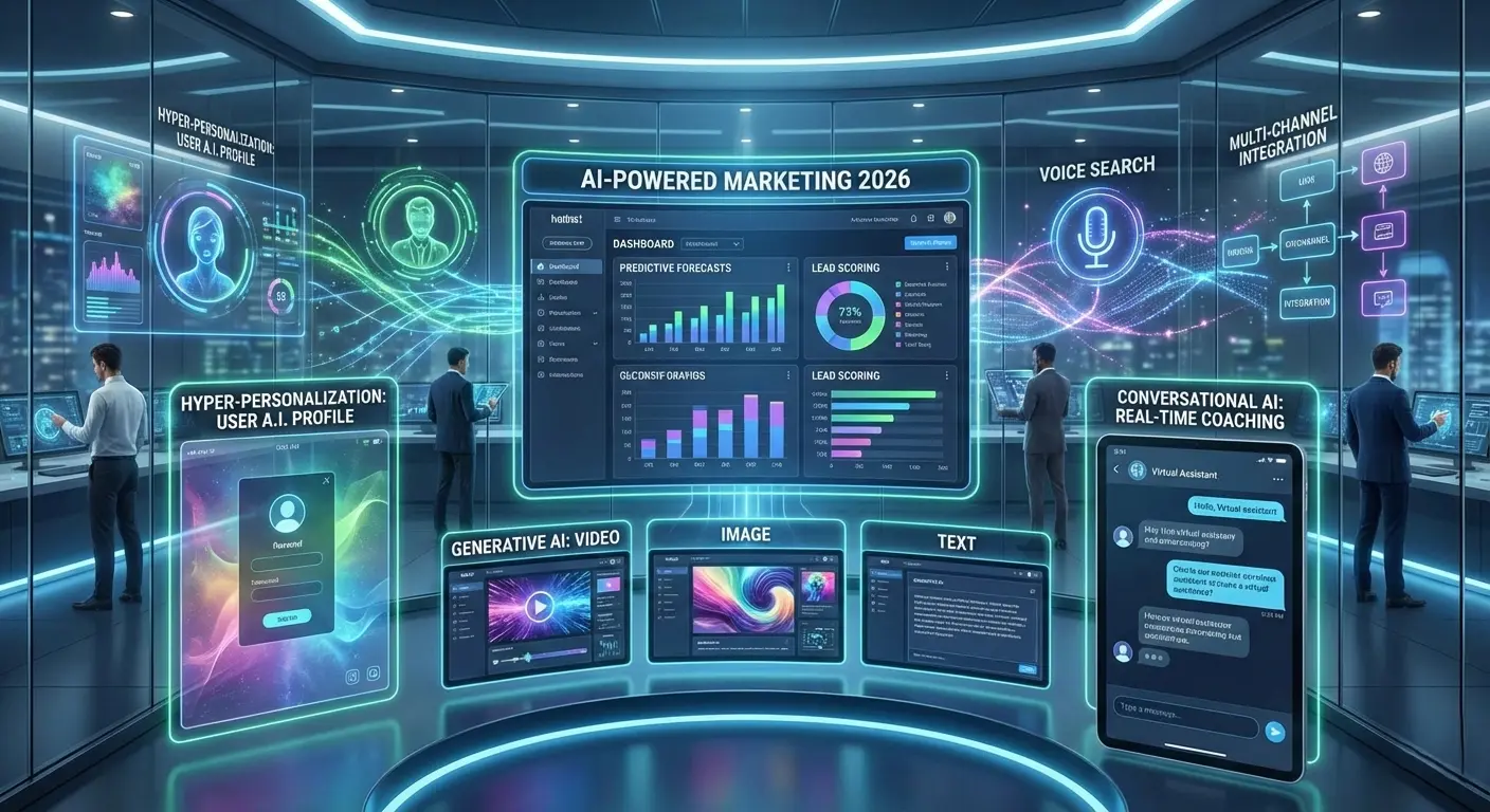 uturistic illustration of Latest AI trends in marketing, showing hyper-personalized customer experiences, generative AI content creation, predictive analytics dashboards, conversational AI chatbots, and AI-powered sales forecasting visualized through glowing data streams and smart digital interfaces.