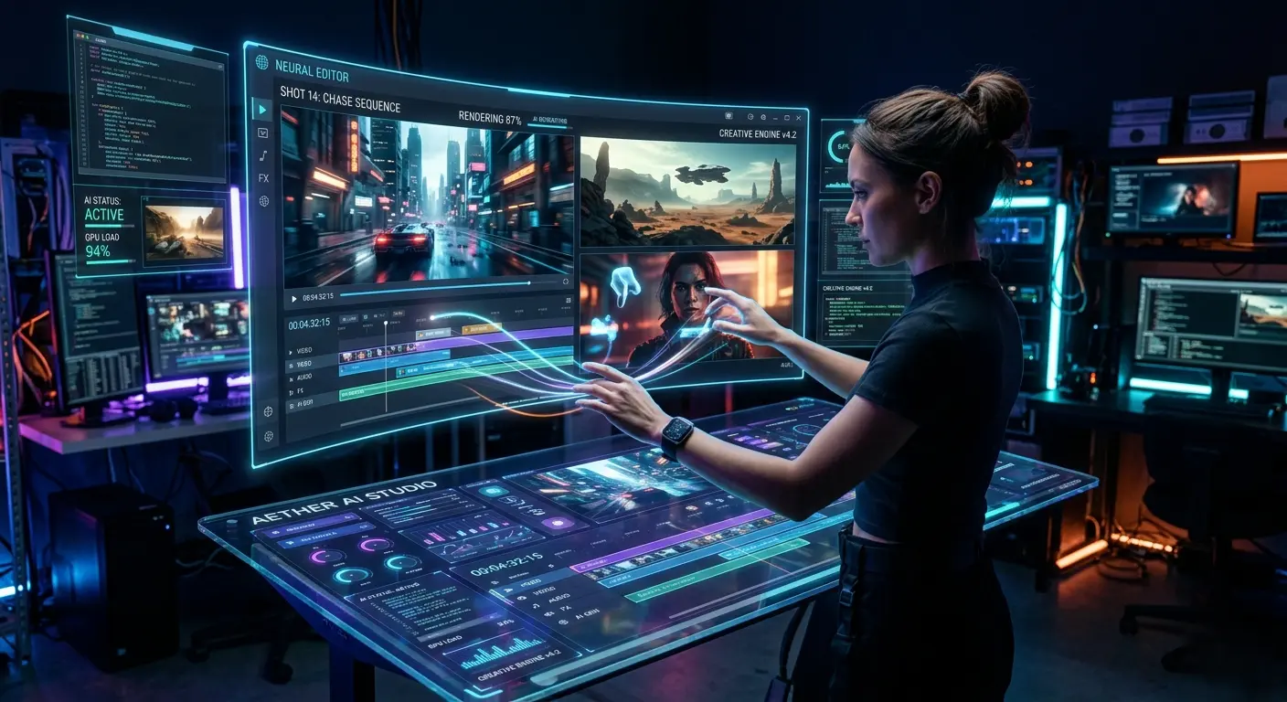 Sora AI tools interface generating cinematic video content in a futuristic studio environment in 2026