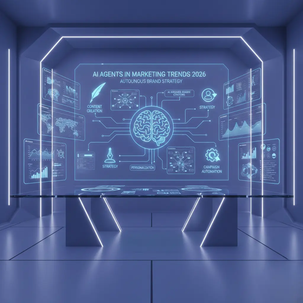 AI agents in marketing trends 2026 visualized through futuristic holographic multi-agent systems collaborating inside a high-tech digital marketing workspace.