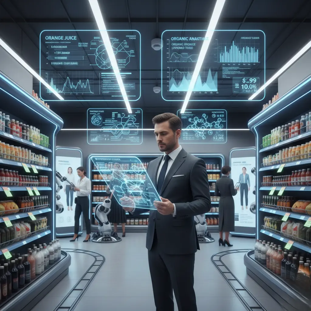 AI trends for CPG and retail in 2026 showing a futuristic supermarket with predictive demand dashboards, smart shelves, robotic restocking, and AI-powered personalization technology.
