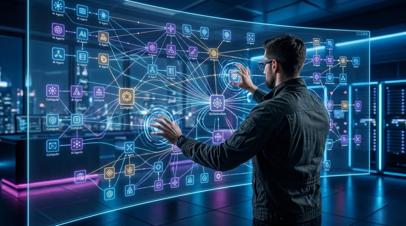 AI trends in dev tools 2026 showing a futuristic developer workspace with holographic coding interfaces and AI assistants