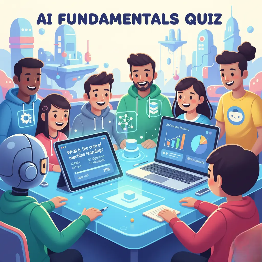Illustration of a beginner taking an AI fundamentals quiz on a laptop with visual AI icons, charts, and learning elements.