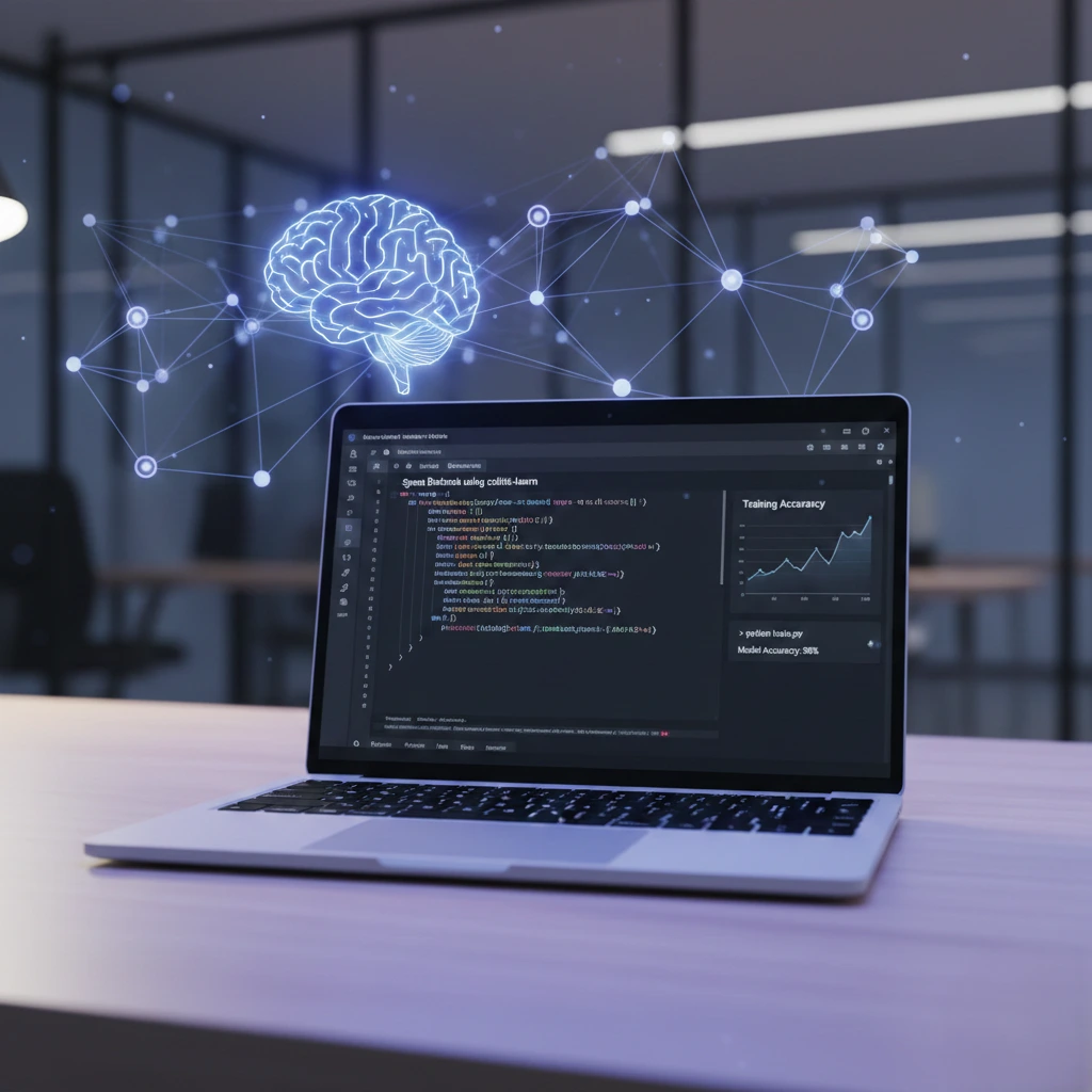 AI tutorial using Python showing spam detector code, TensorFlow MNIST image classifier, and sentiment analysis project in a Jupyter Notebook environment.