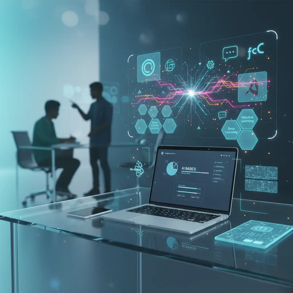 A futuristic digital workspace showing holographic AI visuals, neural networks, and learning dashboards, symbolizing an online AI basics course with free certification. Cool blue and teal tones, glowing data lines, and diverse learners in the background create a professional, modern, and educational atmosphere.