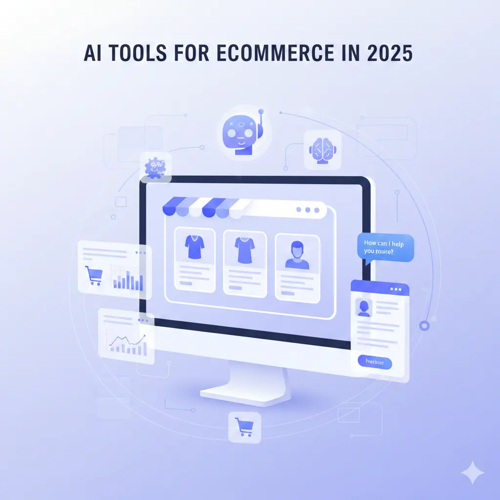 Futuristic illustration showing AI tools for eCommerce, including chatbots, product recommendations, analytics dashboards, and automation features enhancing an online store.
