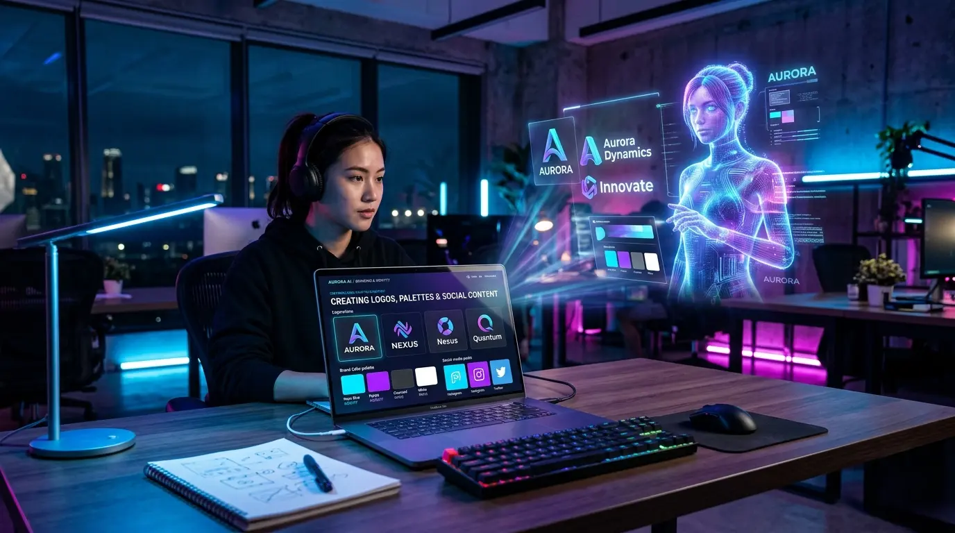 AI tools for branding creating logo, brand kit, and marketing visuals on a modern workspace screen.