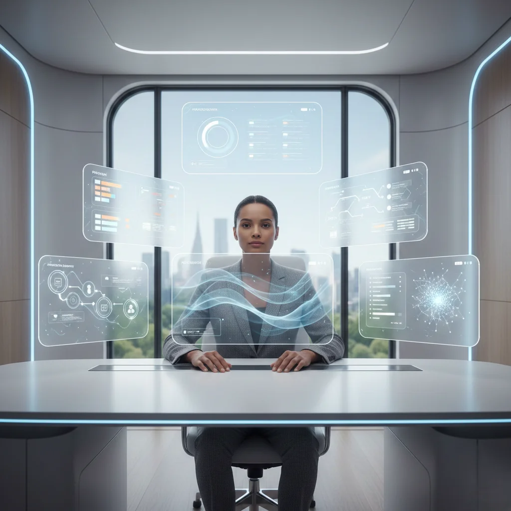 Futuristic workspace showing a professional using AI tools for productivity in 2026, with holographic dashboards displaying tasks, automation, project management, and analytics in a calm, modern environment.