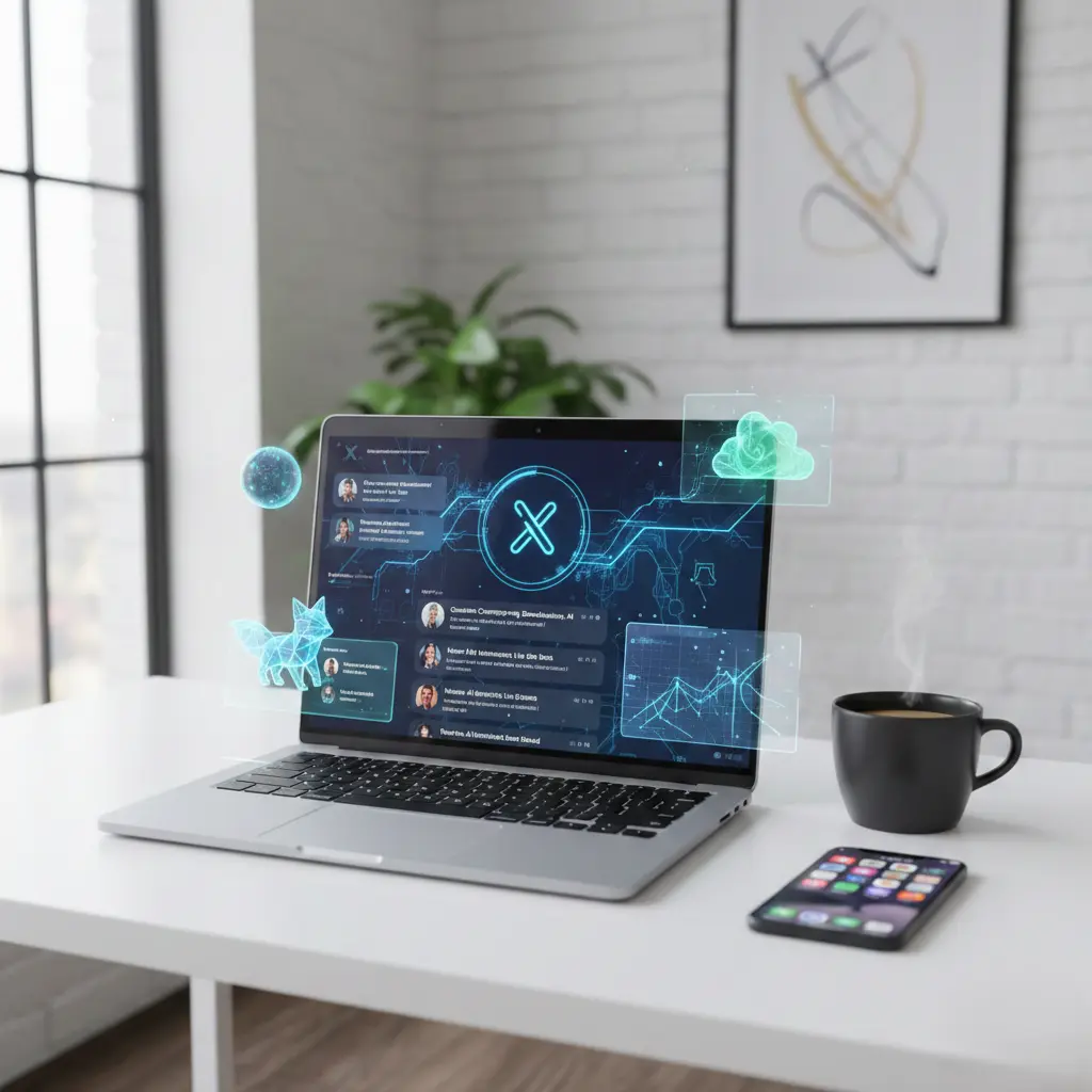 Workspace showing laptop with Twitter AI tools dashboard, AI-generated tweets, analytics, and smartphone notifications.