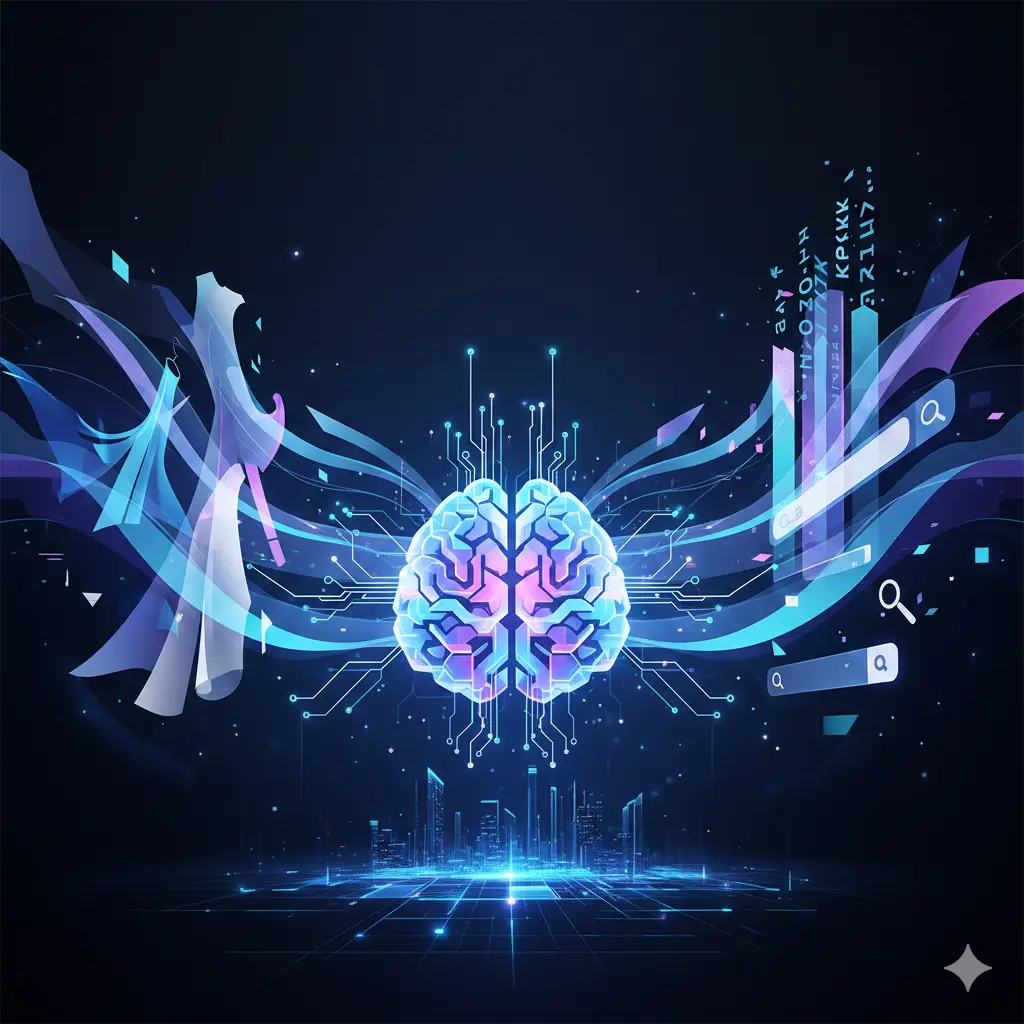 Illustration showing how AI predicts trends using data analysis, neural networks, fashion signals, and search patterns, representing modern AI-powered trend forecasting