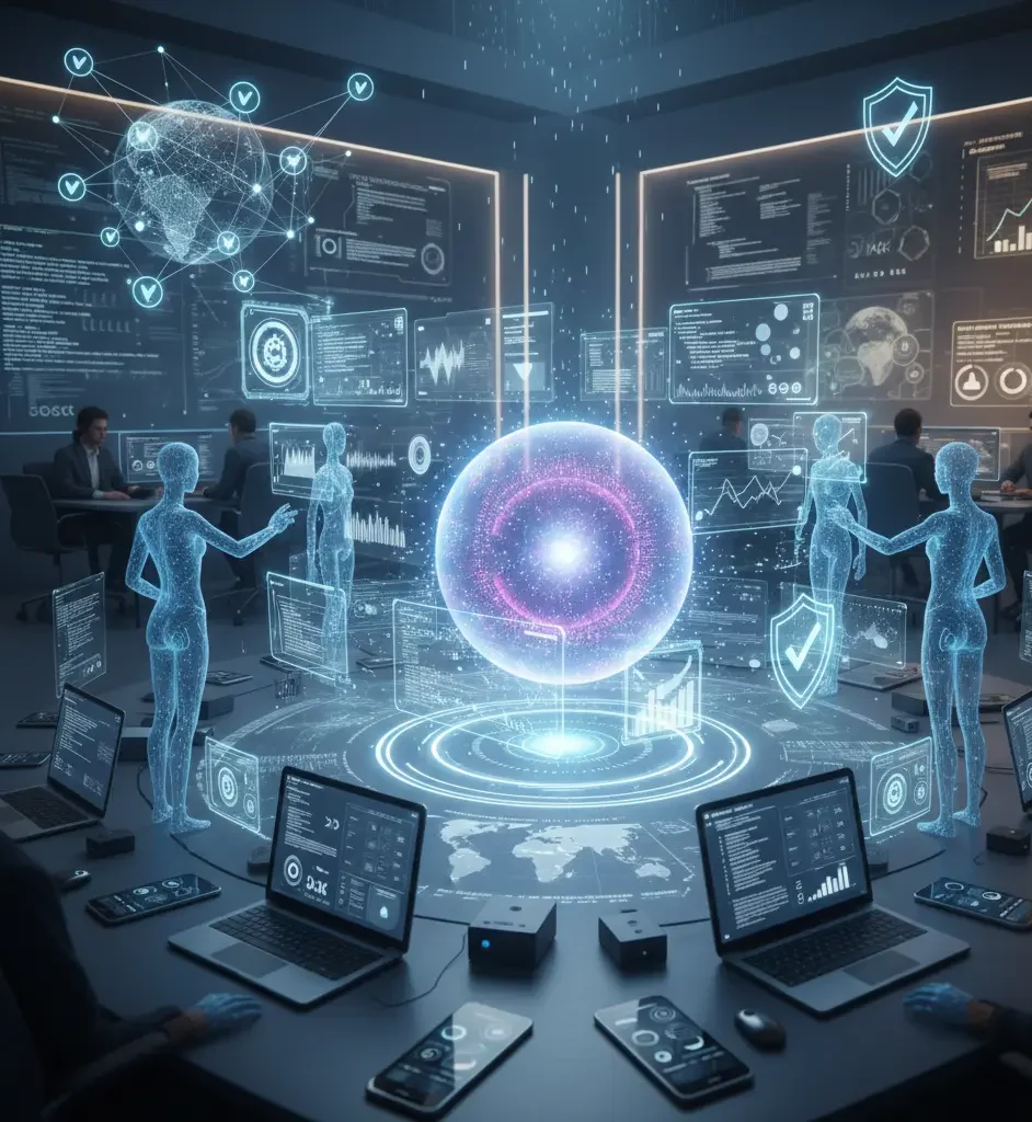 Realistic futuristic visualization of the latest trends in AI technology for 2026, showing agentic AI systems, multimodal models, small language models on devices, enterprise AI adoption, open-source networks, and global AI regulation.