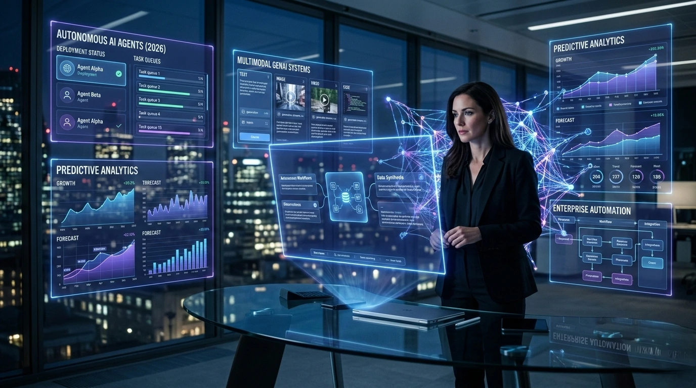 Futuristic digital workspace visualizing Generative AI trends in 2026, featuring AI agents, multimodal interfaces with text, video and analytics dashboards powering enterprise business growth.