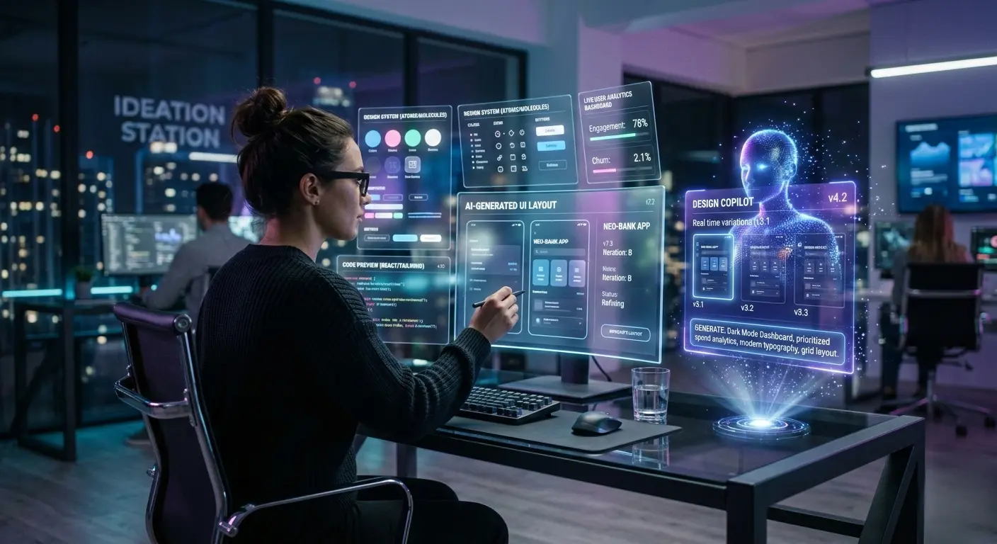 AI-driven design trends in 2026 showing a designer collaborating with artificial intelligence tools to generate UI layouts, analyze user behavior, and automate design-to-code workflows.