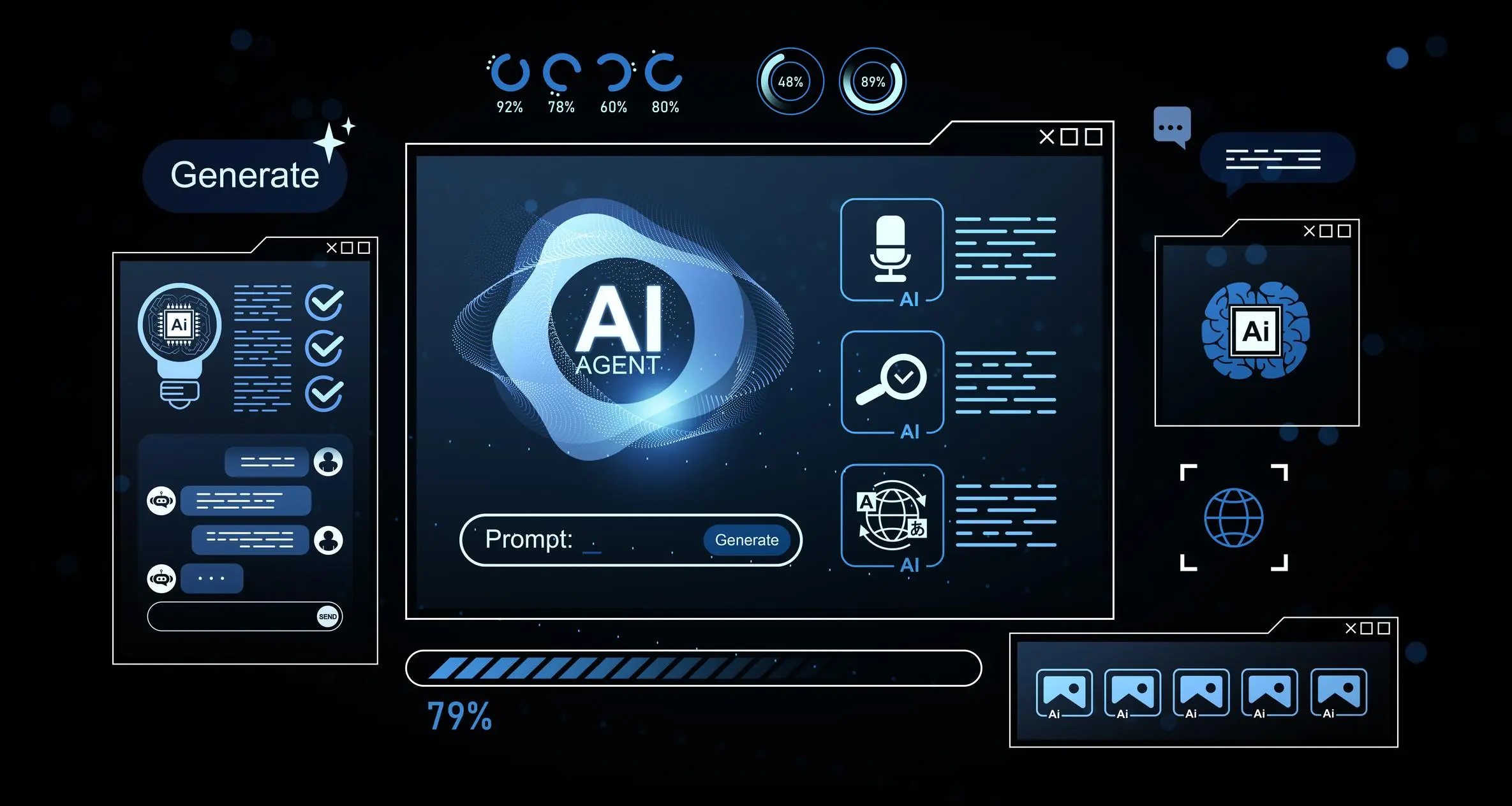 Futuristic AI agent interface with digital prompts and icons on a glowing