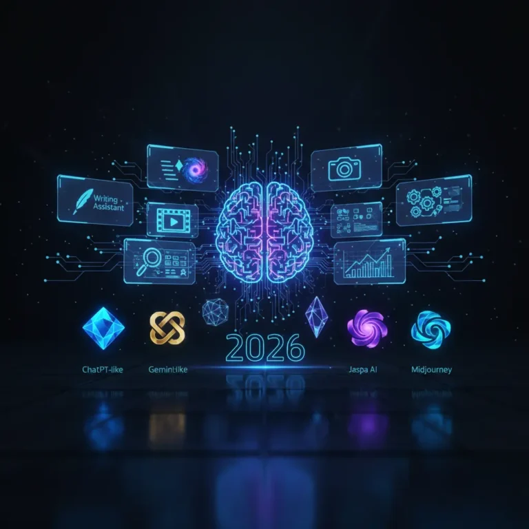 Futuristic 3D holographic interface showcasing top best AI tools of 2026 with glowing tech elements, neon highlights, and modern sci-fi design.