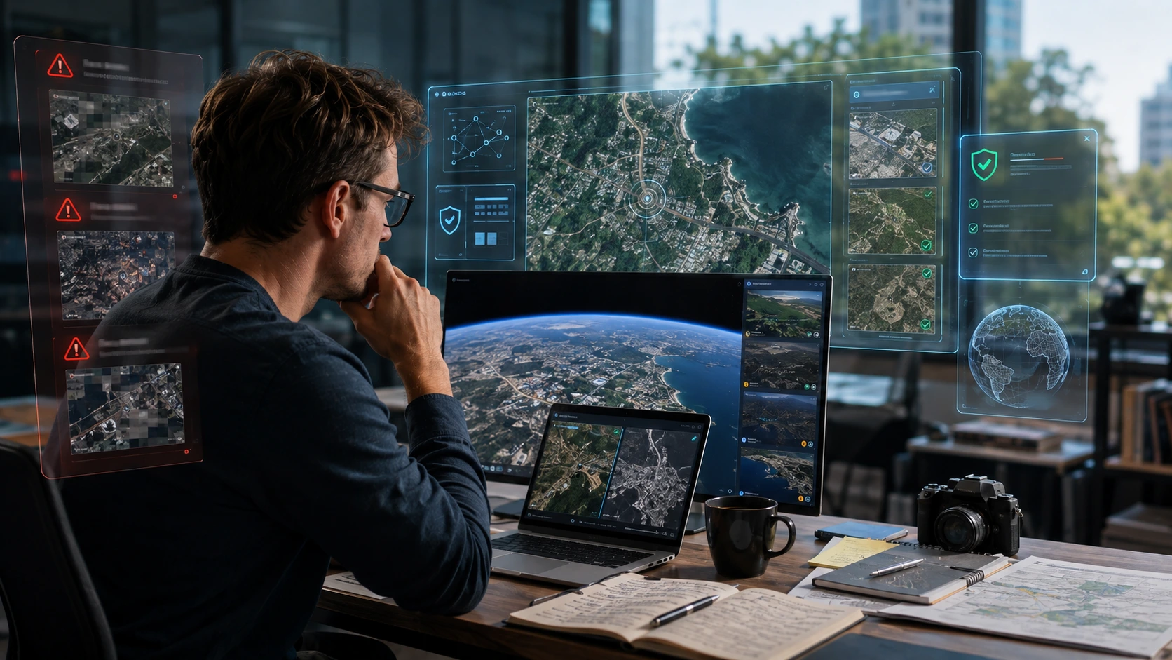 Researcher comparing AI-generated satellite imagery with real maps to verify accuracy and prevent misinformation.
