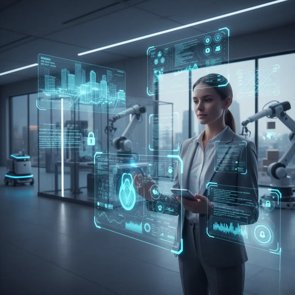 Top AI trends for 2026 showing agentic AI, on-device intelligence, industry-specific models, AI governance, robotics, and human-AI collaboration