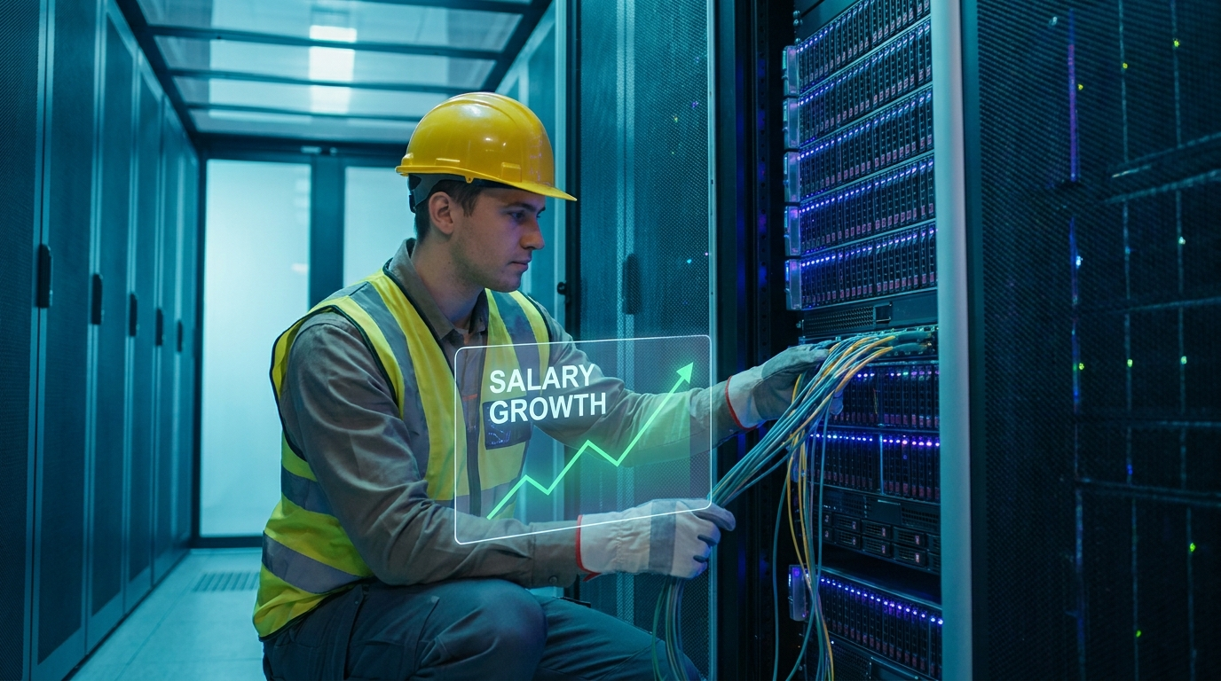 AI company blue collar salaries 2026 with an electrician working in an AI data center.