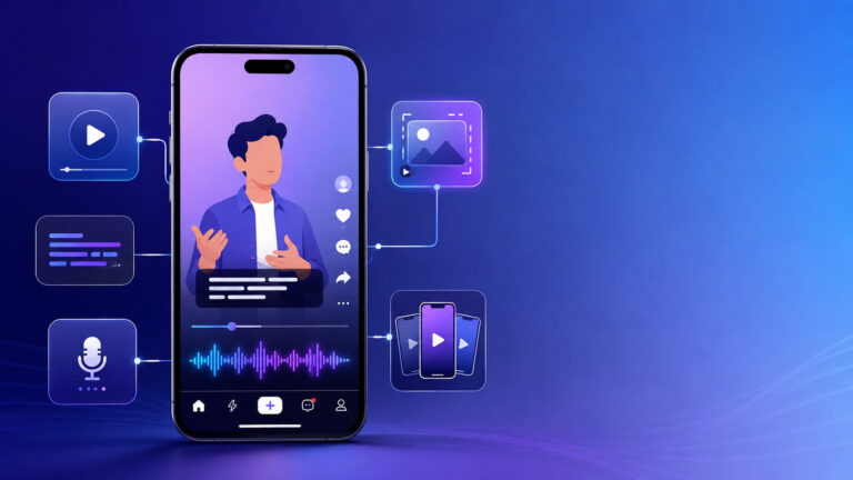 Crayo AI short-form video creation concept showing a phone with AI voiceover and captions
