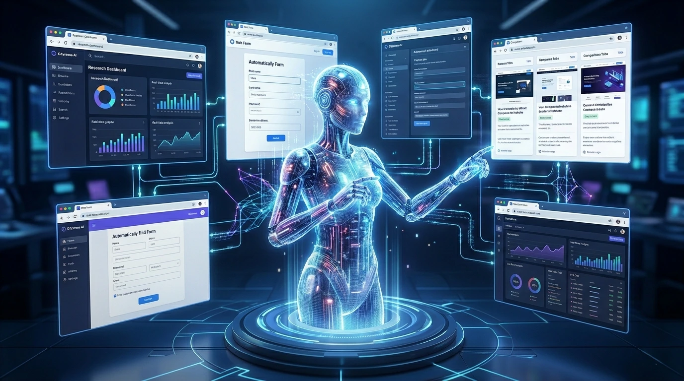 Futuristic Odysseus AI autonomous browser agent managing multiple web pages, forms, and research tasks across floating digital screens with advanced AI automation technology in 2026.